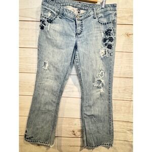 American Eagle Outfitters Distressed Embroidered Stretch Flare Jeans 14 Y2K